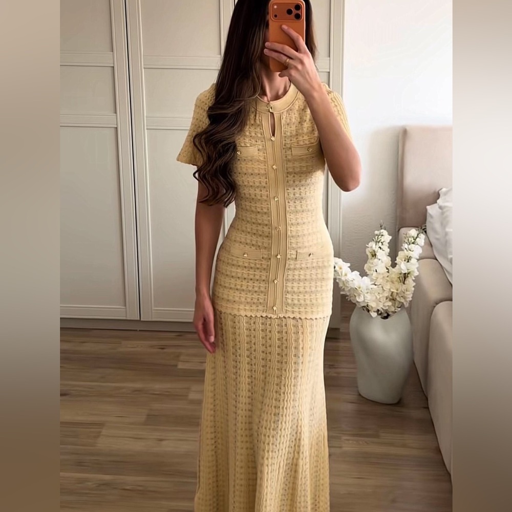 Sandro Pale Yellow Knit Midi Dress with Short Sleeves
